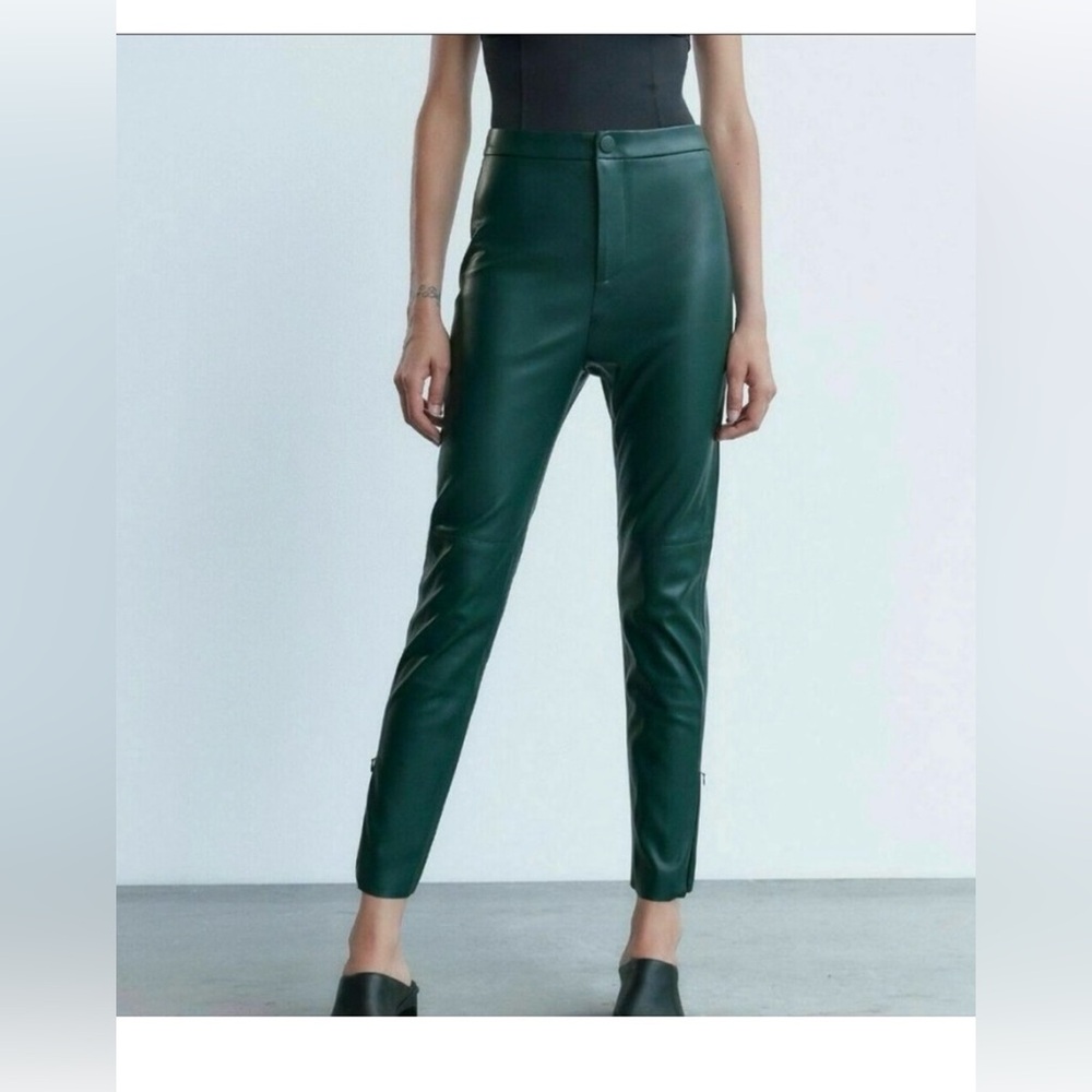 NWT Zara Legging Faux Leather High Rise Pants Forest green , Size XL - Picture 3 of 11